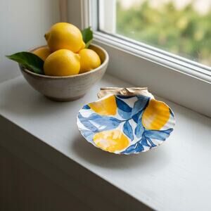 Capri Lemon Shell Trinket Dish Blue Yellow Ring Jewelry Dish